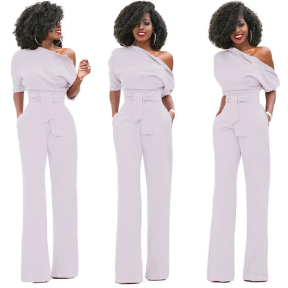 2024 Summer New Fashion Women's Jumpsuit Solid Color Slanted Shoulder Elegant Temperament Sleeveless Long Wide Leg Jumpsuit