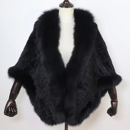 Women 100% Real Rabbit Fur Shawl Scarf With Fox Fur Collar Winter Warm Knitted Rabbit Fur Poncho Girls Party Fashion Accessories