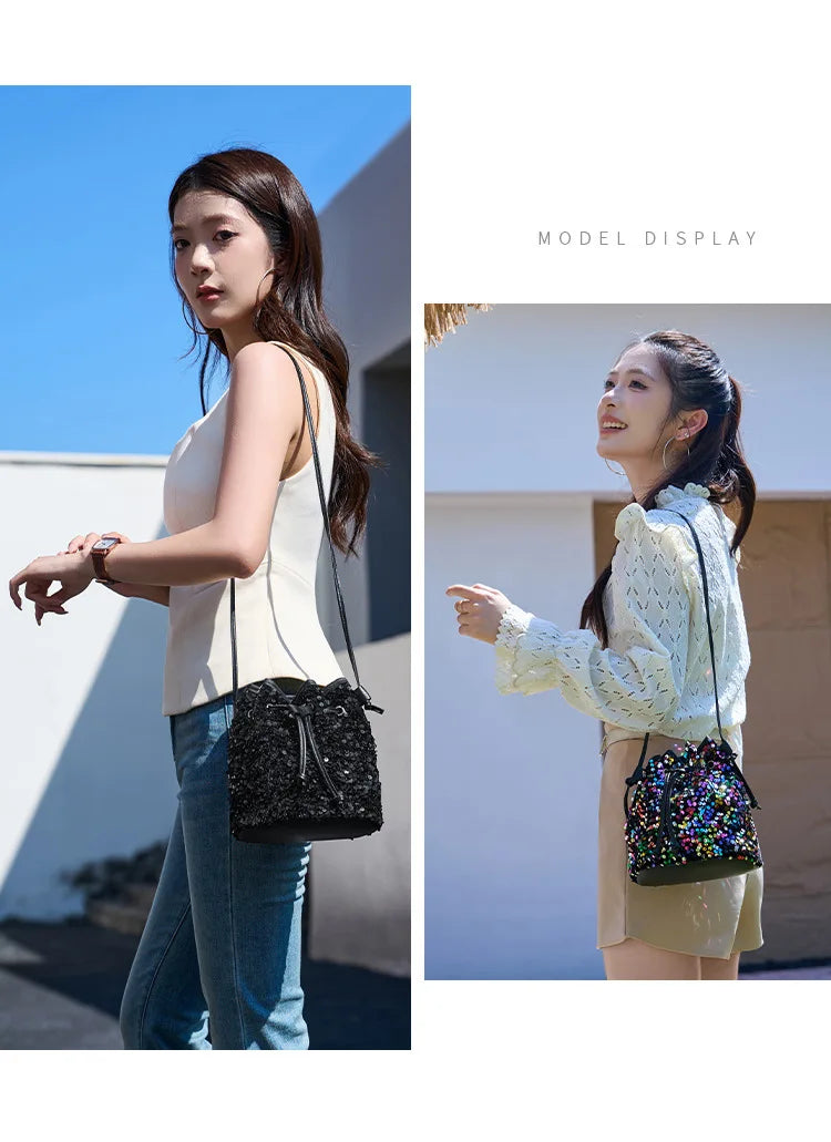 New Chic Multicolor Sequin Shing Shoulder Bag Fashion Versatile Handbag Drawstring Bucket Bag Large Capacity Wallet Purse Bags