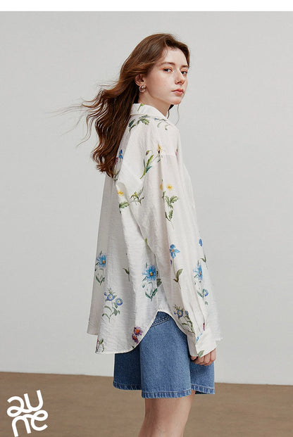 TOYOUTH Women Shirts 2026 Summer New Linen Lyocell Print Fresh Mid Length Floral Blouse Tops