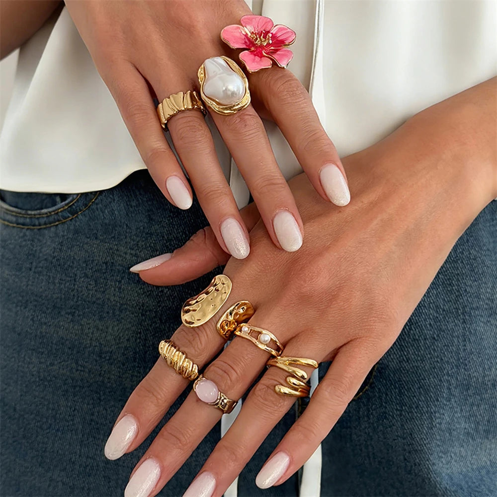 8Pcs/Set Vintage Pink Metal Flower Ring Set for Women Punk Elegant Baroque Pearl Knuckle Joint Ring Party Daily Wear Jewelry