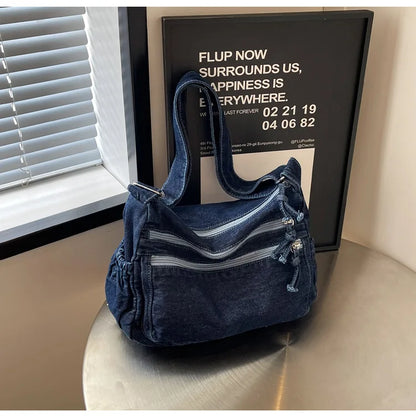 Vintage Denim Women's Shoulder Bag Large Capacity Messenger Bag Multi-pockets Satchel Bags Adjustable Strap Ladies Crossbody Bag