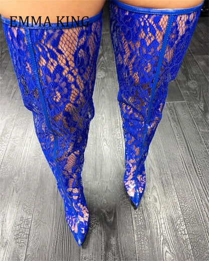 Spring Women Lace With PVC Thigh High Boots Sexy Pointed Toe Stiletto High Heels Transparent Over The Knee Boots Bigger Size 44