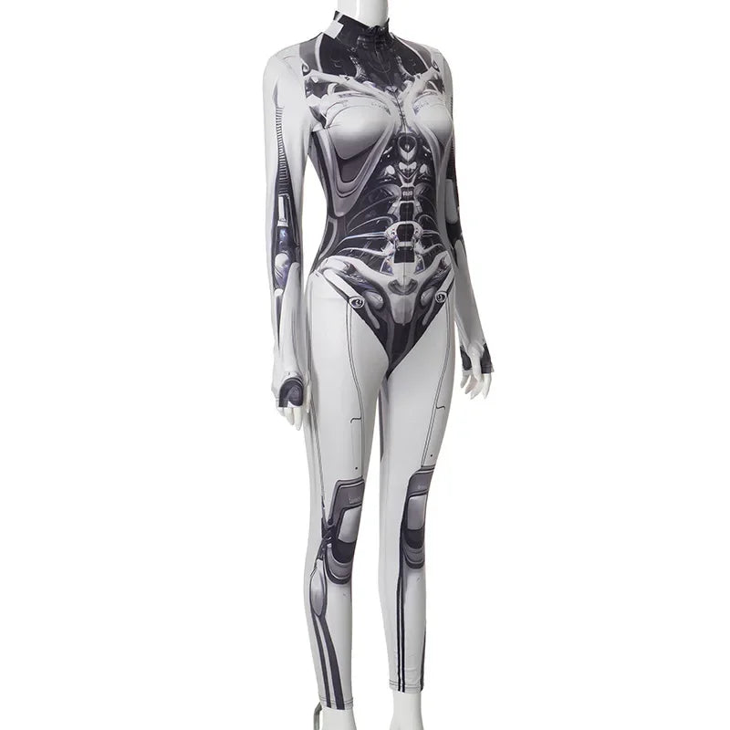 Fashion Mechanical Style Print Jumpsuits For Women One-Piece Semi-High Neckline With Long Sleeves Jumpsuit Women Y2k Jumpsuit