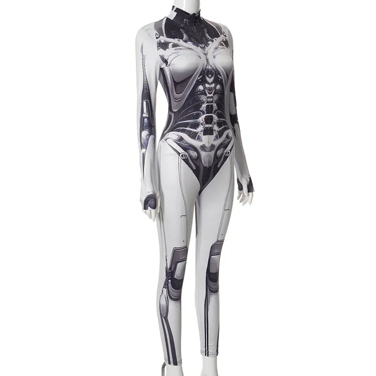Fashion Mechanical Style Print Jumpsuits For Women One-Piece Semi-High Neckline With Long Sleeves Jumpsuit Women Y2k Jumpsuit