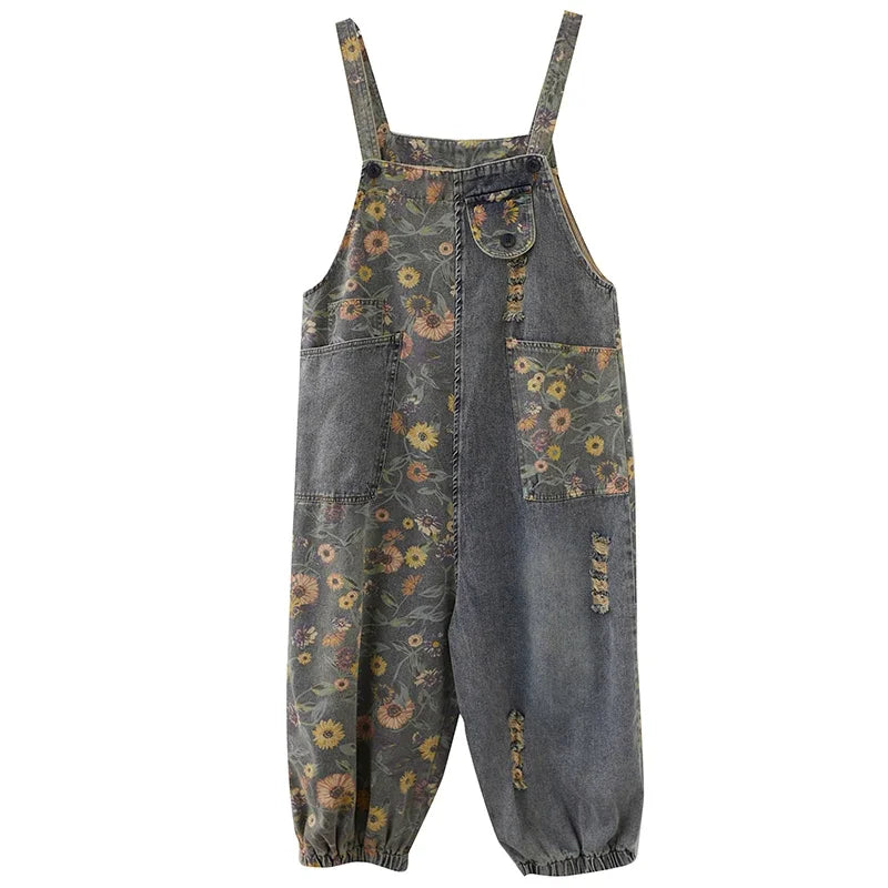 Casual Print Floral Plus Size Denim Jumpsuits Women Loose Wide Leg Straps Baggy Pants Woman Dungarees Streetwear Jeans Overalls
