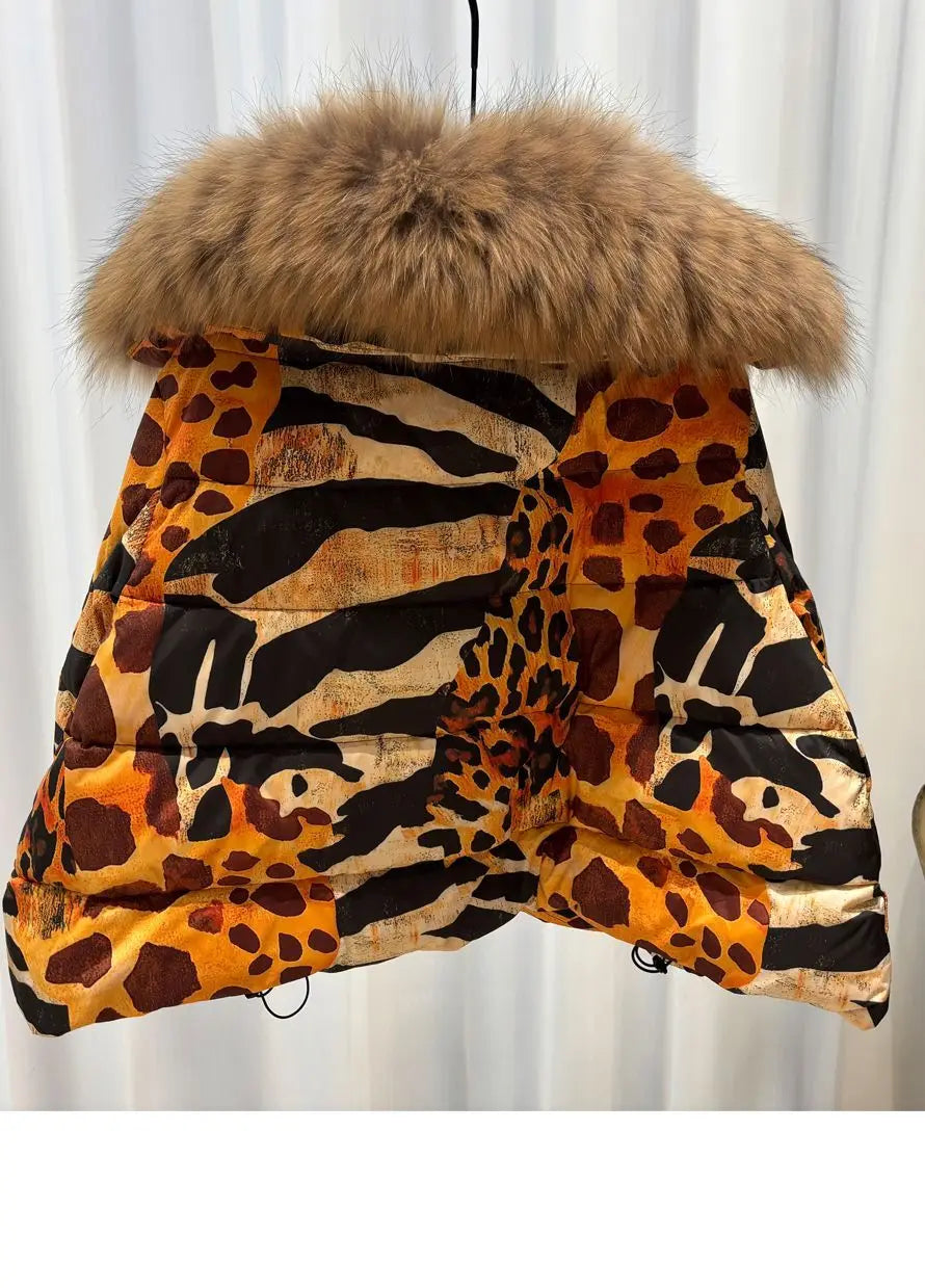 Women's Leopard Print down Jacket European Winter Natural Raccoon Fur Collar Short Warm Duck down Coat