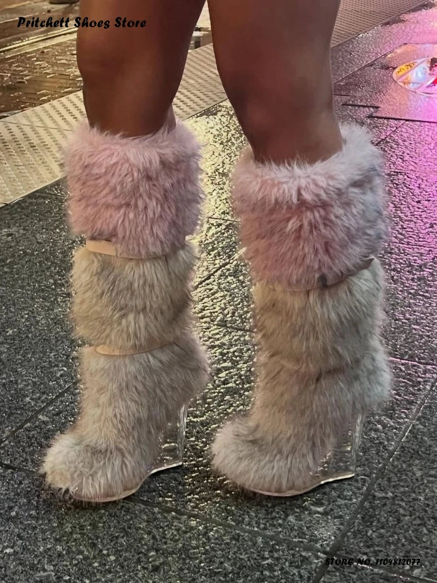 Women's Faux Fur Clear Wedges Boots Street Style Winter Warm Puffy Furry Boots Round Toe Slip On Belt Buckle Trending Shoes