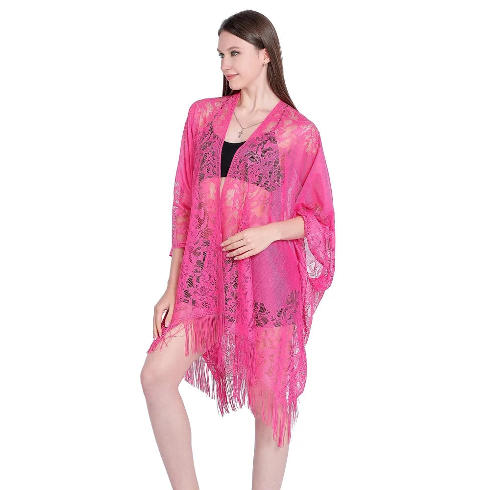 Women Sun Protection Shawl Lady Summer Hollow Out Lace Cardigan Holiday Bikini Blouse Breathable Beach Cape Sexy Long Tippet