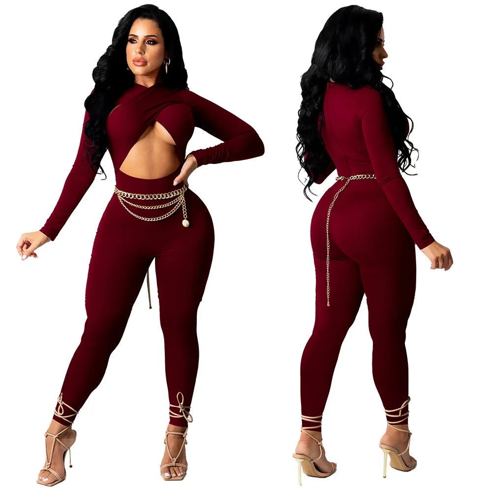 CM.YAYA Women Hollow Out Cross Sexy Party Clubwear Long Sleeve Jumpsuits 2024 Winter Autumn Street Crop One Piece Suit Rompers