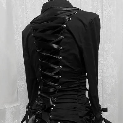 Dark Y2K subculture black shirt women's gothic high street metal buckle belt long sleeved slim fit top spicy girl Korean punk sh