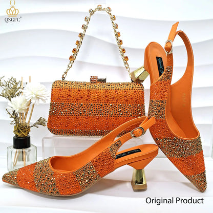 QSGFC Ladies High Quality Women's Pumps Black Gold Shoes and Bag Set DURABLE OUTSOLE Italian Fashion Design For Nigeria Wedding