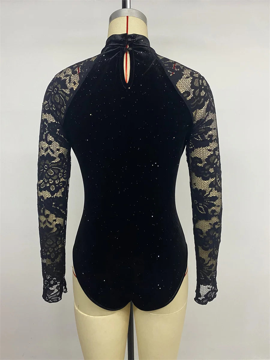 Benuynffy Mock Neck Long Sleeve Lace Body Top Women's Autumn 2025 Sexy Party Elegant Glitter Velvet Stretch Slim Female Bodysuit