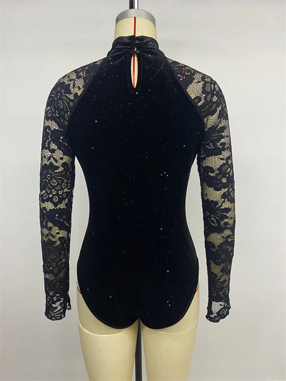 Benuynffy Mock Neck Long Sleeve Lace Body Top Women's Autumn 2025 Sexy Party Elegant Glitter Velvet Stretch Slim Female Bodysuit