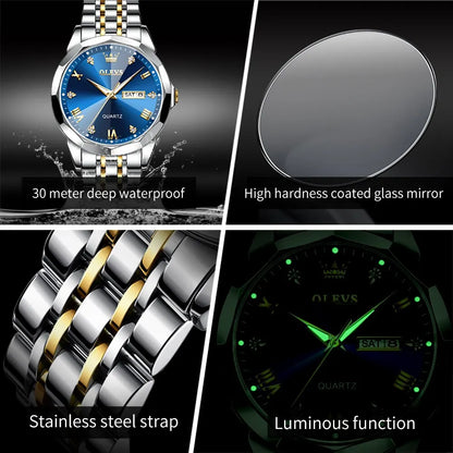 OLEVS Original Waterproof Men's Watches Diamond Mirror Quartz Watch for Man Luminous Stainless Steel Wristwatch Male Date Week