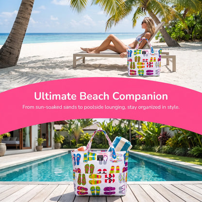 9 Pockets Large Beach Tote 35L Waterproof Sandproof Polyester Bag Women Summer Pool Travel Handbag Portable Swim Shoulder Bag