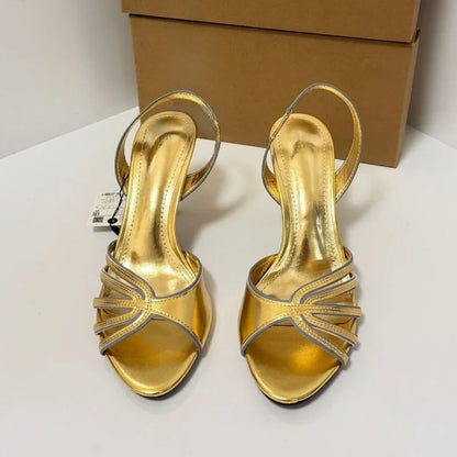 Luxury Gold High Heeled Sandals Women Summer Open Toe Hollow Ankle Strap High Heels for Ladies Elegant Wedding Bridal Shoes