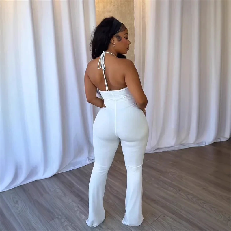 Doyerl Halter V-neck Backless One Piece Jumpsuit Women Sexy Hollow Out Sleeveless Night Club Outfits Birthday Rompers Overalls