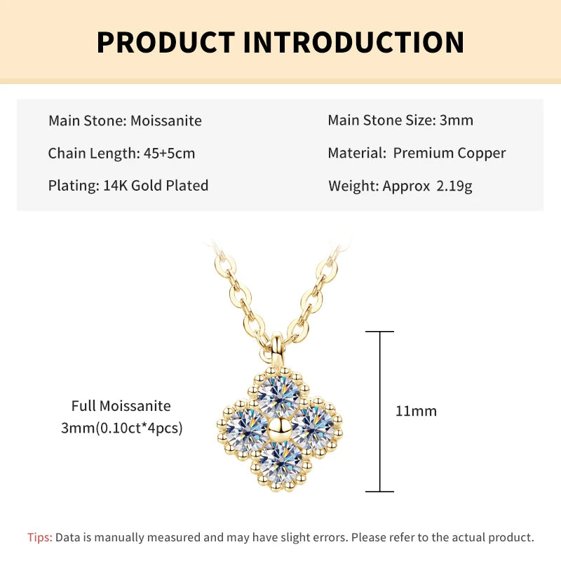 Rrjzz Lucky Clover D-Color Round Moissanite Necklace for Women Four-Leaf Flower Lab Imitation Diamond Pendant Necklace Jewelry