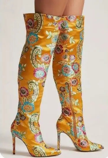 Autumn Royal Blue Red Silk Colorful Print Pointed Toe Over The Knee Boots Women Ethnic Style Hidden Zipper Slim Thigh Long Boots