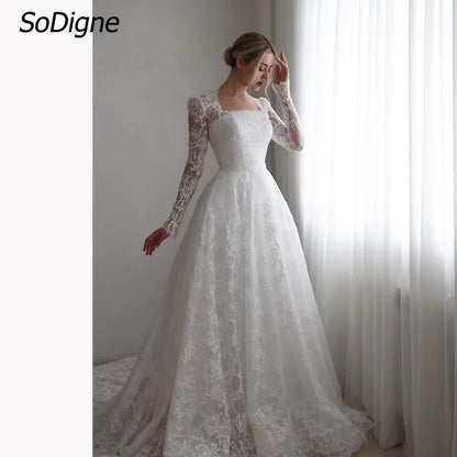 SoDigne A-line Boho Lace Wedding Dress Full Sleeves Square Collar Bride Dresses Long Bridal Gowns Vestidos De Novia Customized