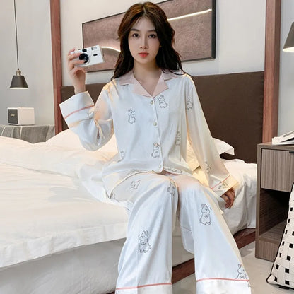 Women's Ice Silk Pajama Set Long Sleeve Long Pants Lightweight Sleepwear for Spring And Autumn Comfortable Homewear Pj Set