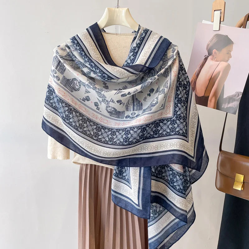 Sun Protection Silk Scarf Women's Retro Ethnic Style Cotton Linen Beach Holiday Wrap Shawl Outerwear Geometric Print Korean S...