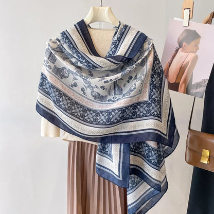 Sun Protection Silk Scarf Women's Retro Ethnic Style Cotton Linen Beach Holiday Wrap Shawl Outerwear Geometric Print Korean S...