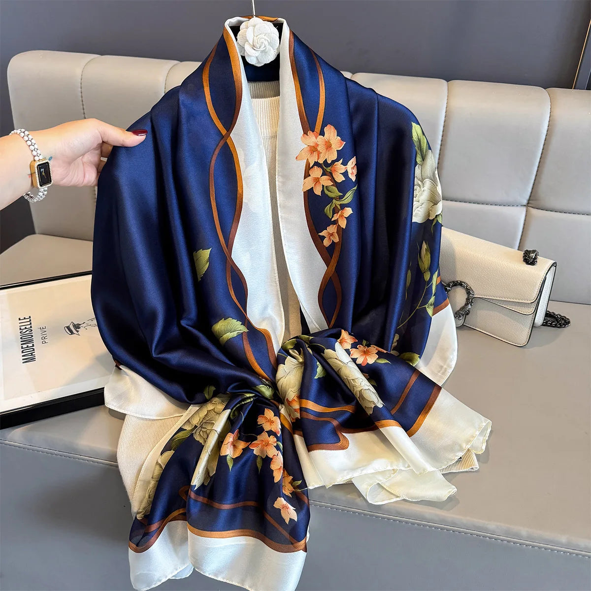 180*90cm Large Silk Satin Scarf Women Fashion Printed Scarf Spring And Summer Styles New Shawl Wrap Female Hand 2025 NEW