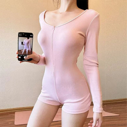 Women's Short Jumpsuits Slim Fit Stretch One Piece Yoga Playsuits Romper Sexy Fitness Female Basic Low-cut Zipper Sportwears
