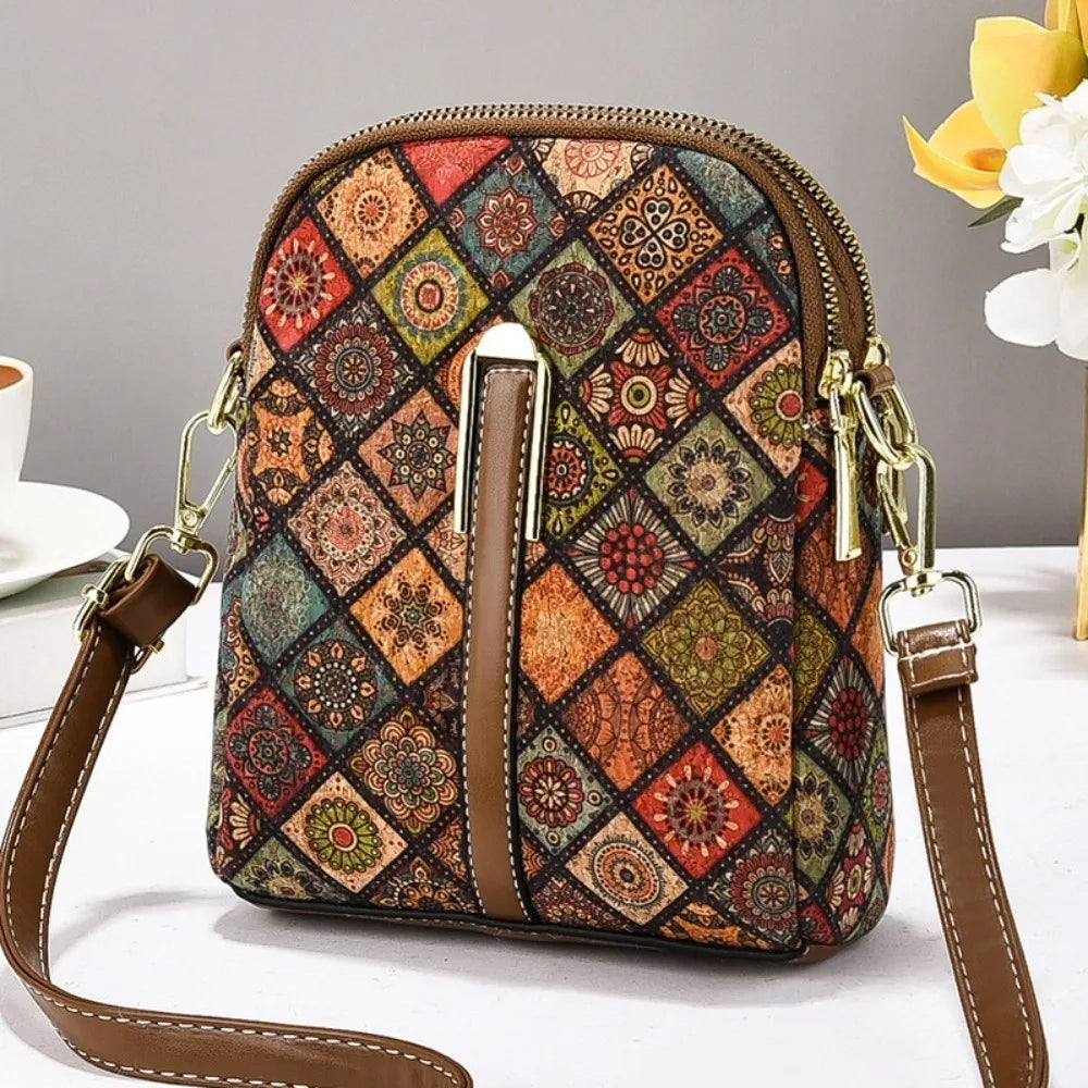 Women Fashion Bohemian Style Printed Phone Bag Ethnic Style PU Leather Single Shoulder Bag Luxury Versatile Handbag For Ladies