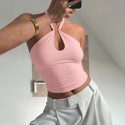 Hugcitar Women Fashion Halter Solid Loop Backless Bandage Sexy Crop Tank Top 2025 Summer Casual Clothes Streetwear Vacation Club