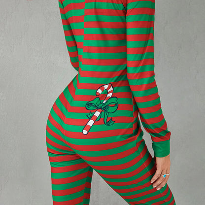 Christmas Women Sexy Bodycon Pajamas Rompers Striped Print Long Sleeve Button O Neck Jumpsuits Playsuits Sleepwear Loungewear