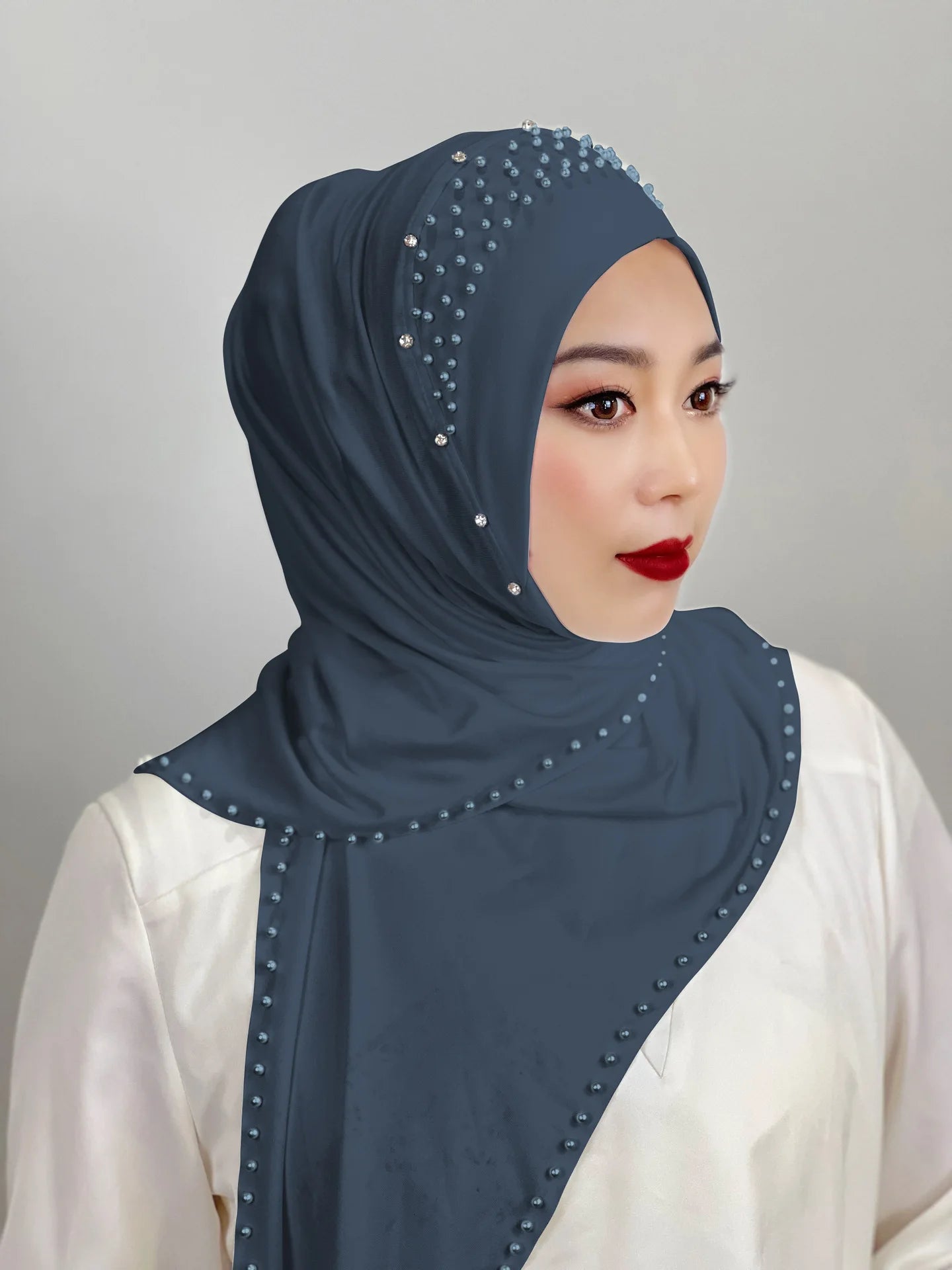 2026 Fashion Versatile Beaded Hijab for Women,Mid-Length Convenient Pull-over Hat Scarf,Malay Shawl Pure Color Women's Headscarf