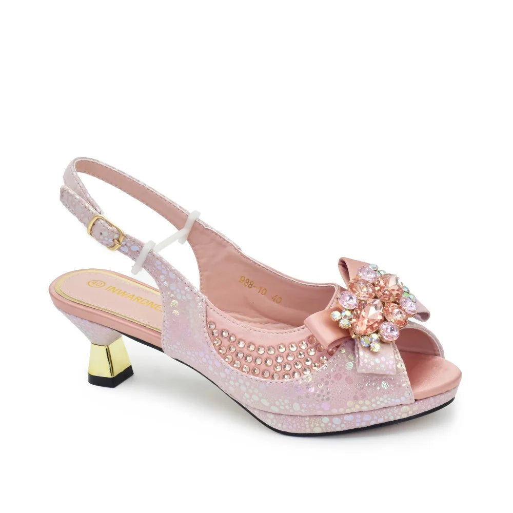 New Arrival Nigerian Women Heel Party Shoes and Bag Set Champagne Colour Rhinestone Handbag Italian Design Wedding