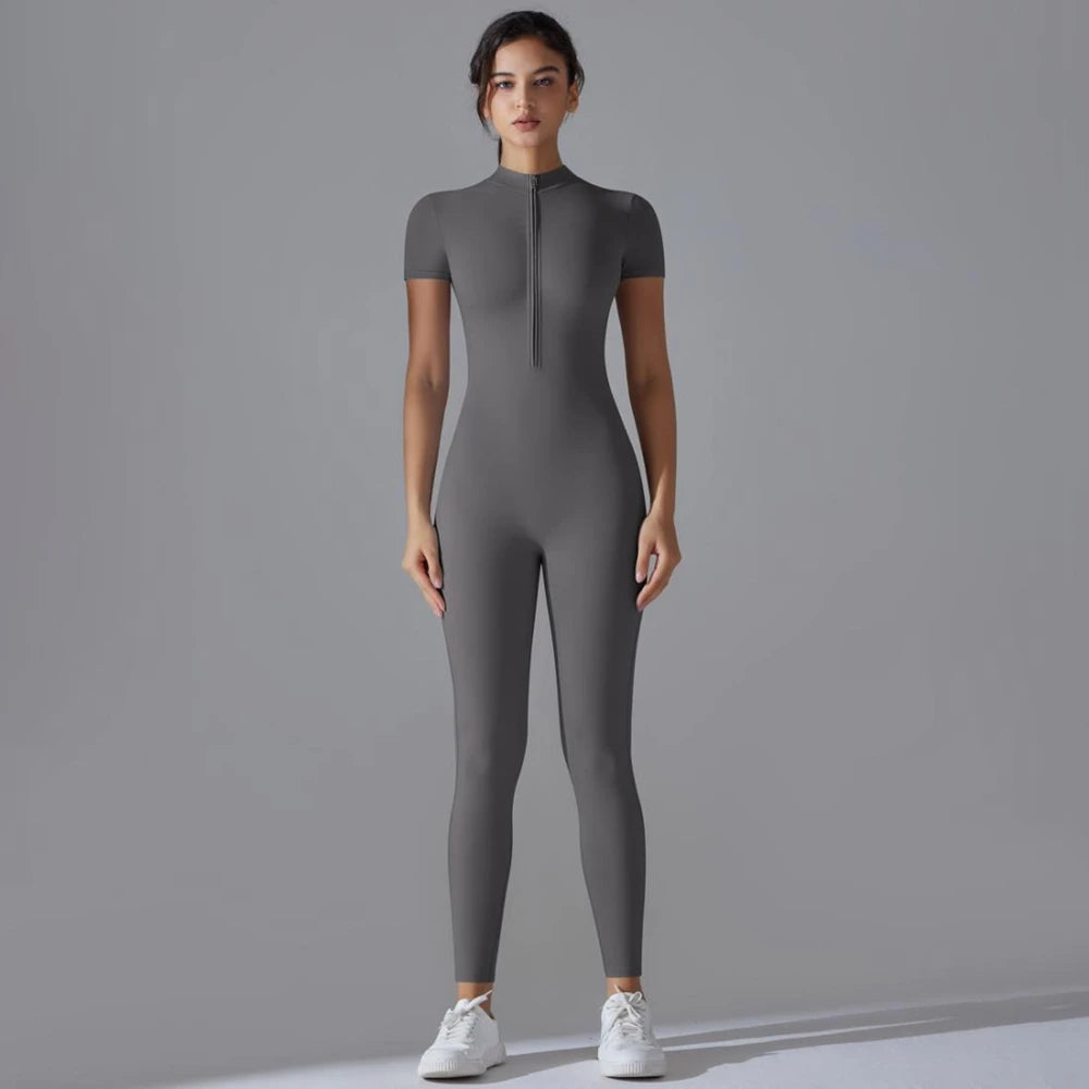Womens Jumpsuits Short Sleeve Yoga Slim Fit Stretch One Piece Romper Sexy Fitness Female Basic Sportwears Black Zipper Ladies
