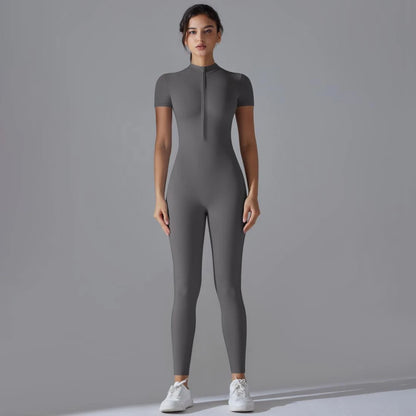 Womens Jumpsuits Short Sleeve Yoga Slim Fit Stretch One Piece Romper Sexy Fitness Female Basic Sportwears Black Zipper Ladies