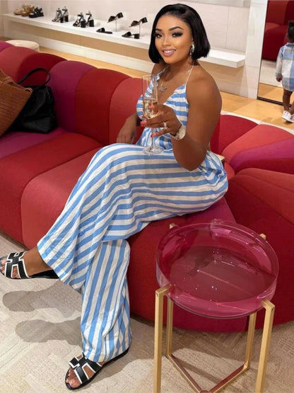Sexy Jumpsuit Solid Color Casual Striped Halterneck Deep V-neck Wide-leg Jumpsuits Casual Holiday Party Daily Rompers Women's
