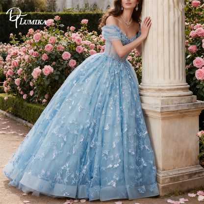 Sky Blue Floral Lace Quinceanera Dress for Teens Coming of Age Party Gown Off the Shoulder Ball Gown Sweet 15 Dresses Customized