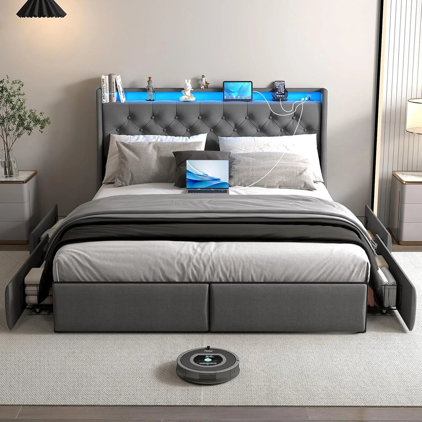 Queen Upholstered Bed Frame 4 Storage Drawers LED Lights USB Charging Headboard, Custom