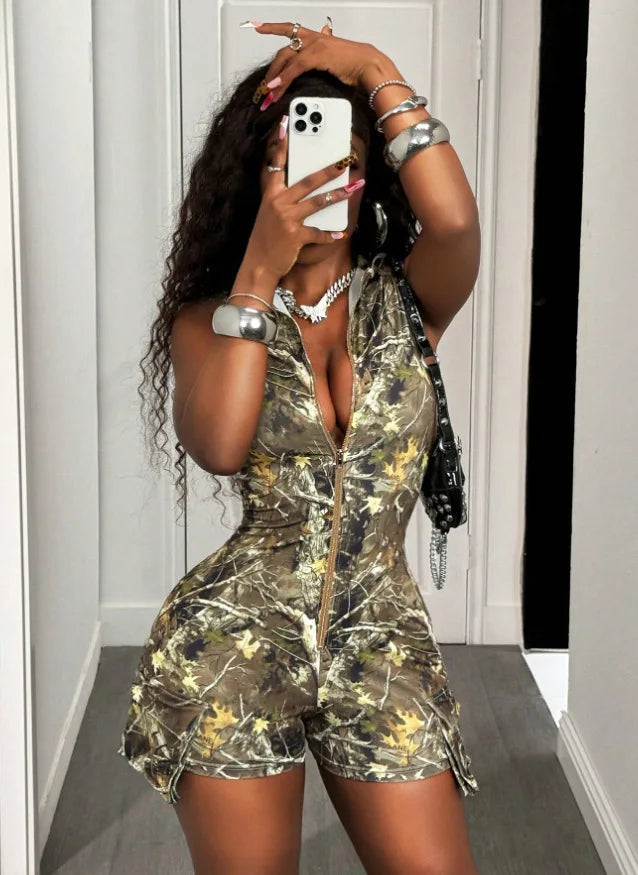 D9756 European and American Women's Fashion sexy Deep V-Neck Camouflage Printed Shorts Short Sleeved Jumpsuit