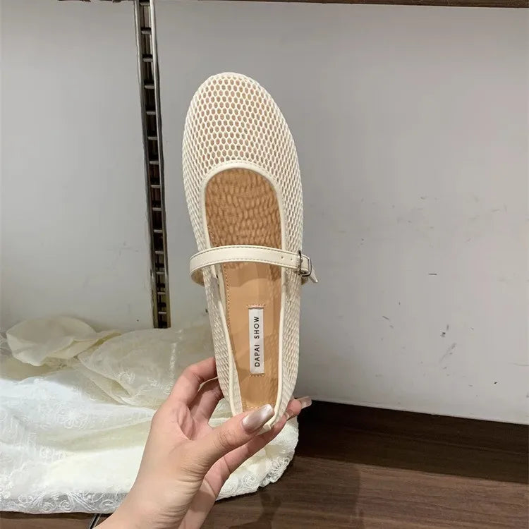 Mesh Ballet Flats Fishnet Luxury Brands Hollow Sandals Women Flats Shallow New Beach Retro Female Comfortable Shoes Breathable