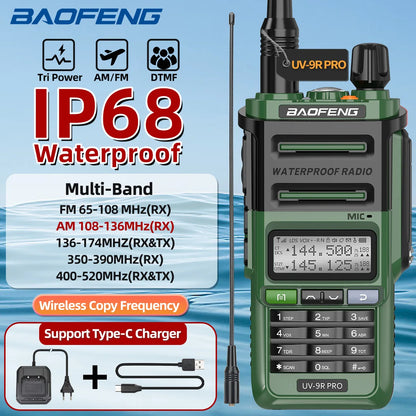 Baofeng UV-9R PRO Walkie Talkie IP68 Waterproof Full Band Wireless Copy Frequency 128CH AM FM Type-C Long Range Two Way Radio