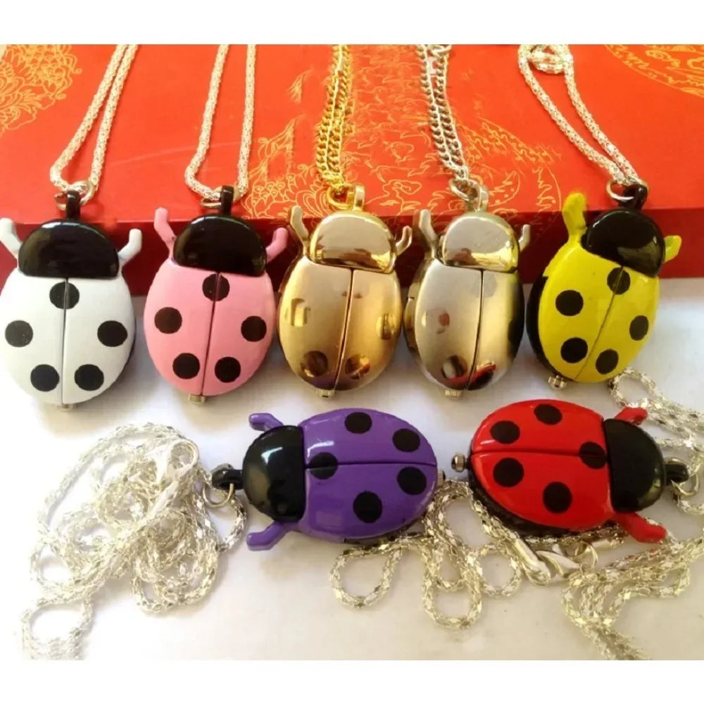 Fashion Small Golden Beetle Pocket Watchs, Cute New Adult Children Ladybug Watch,with Chain Lightweight Necklace Pendant Clock