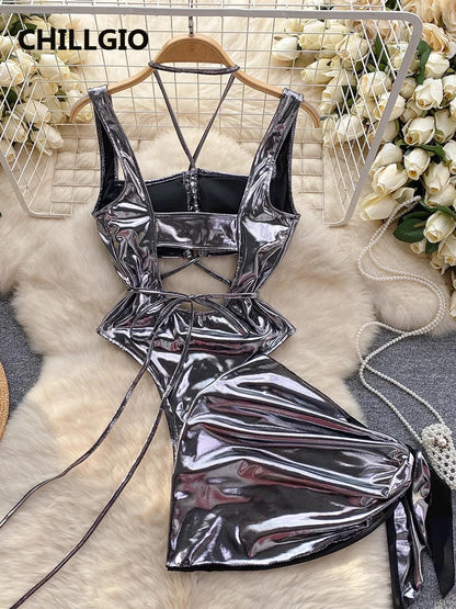 CHILLGIO Women Sexy Metallic Feeling Jumpsuits Skirts Clothing Sets Hollowed Bandage Halter Rompers Combi-pants Tight Bodysuits