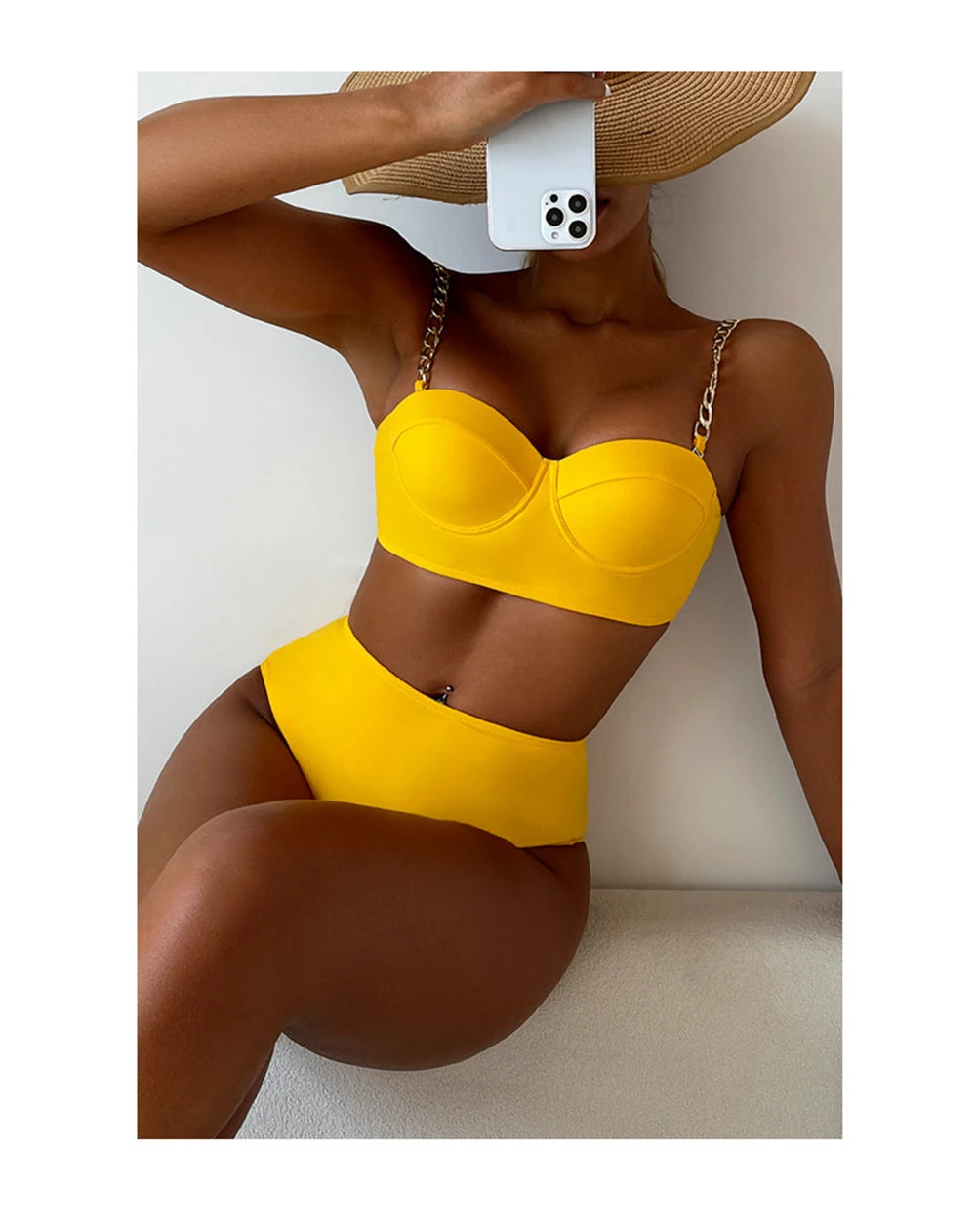 Push Up Bikini Hard Wrap Top Underwire Chain Shoulder Straps High Waist Bottom Swimwear Women Solid Swimming Beach Bathing Suit
