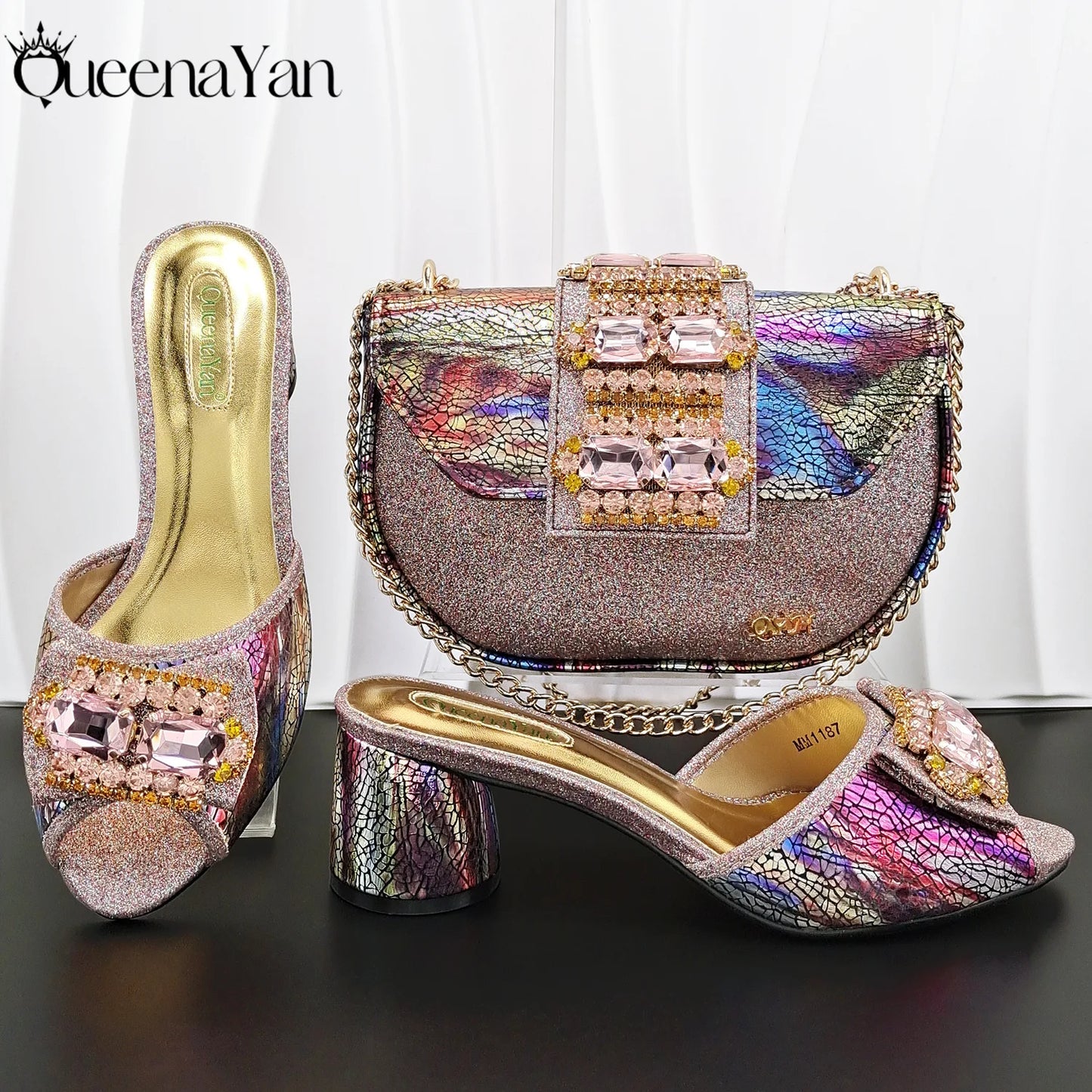 Queena Yan Italian Design Newest Fashion Mature Style Gold Color Women's High Heels with Diamond Oval Bag for Party Wedding