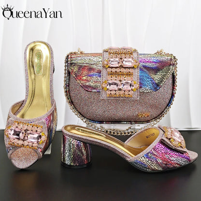 Hot Selling Fashion Mature  Brushed Style Rainbow Color Rhinestone Decoration Design Party Wedding Lady High Heels and Bag Set