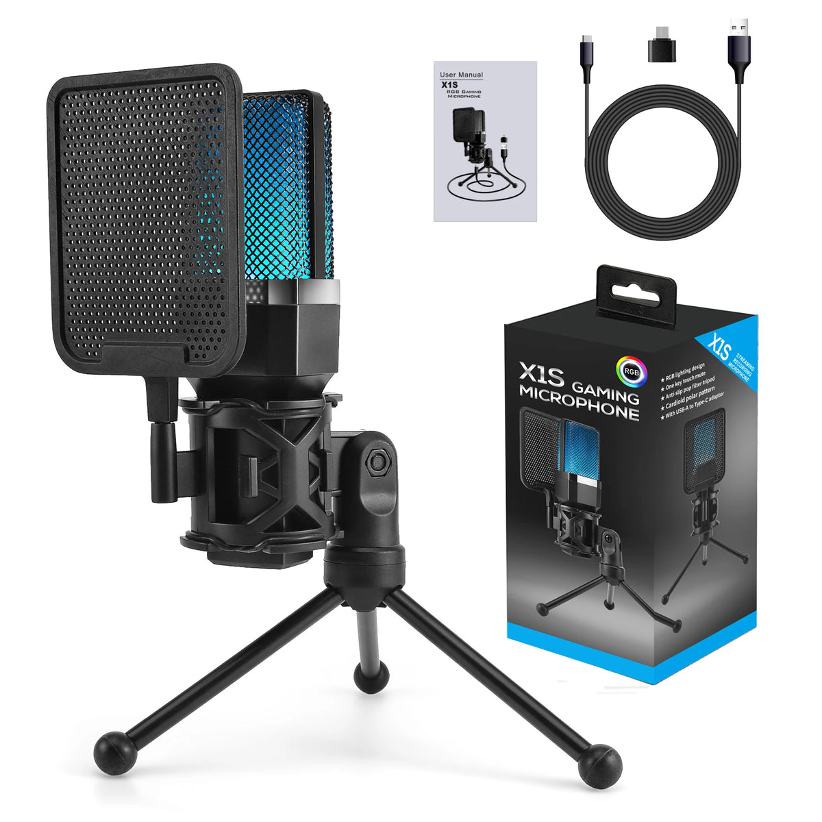 Computer Professional Gaming Condenser Microphone Karaoke Mic PC Laptop USB Wired Live Streaming Podcast Studio Mike Kit Gamer