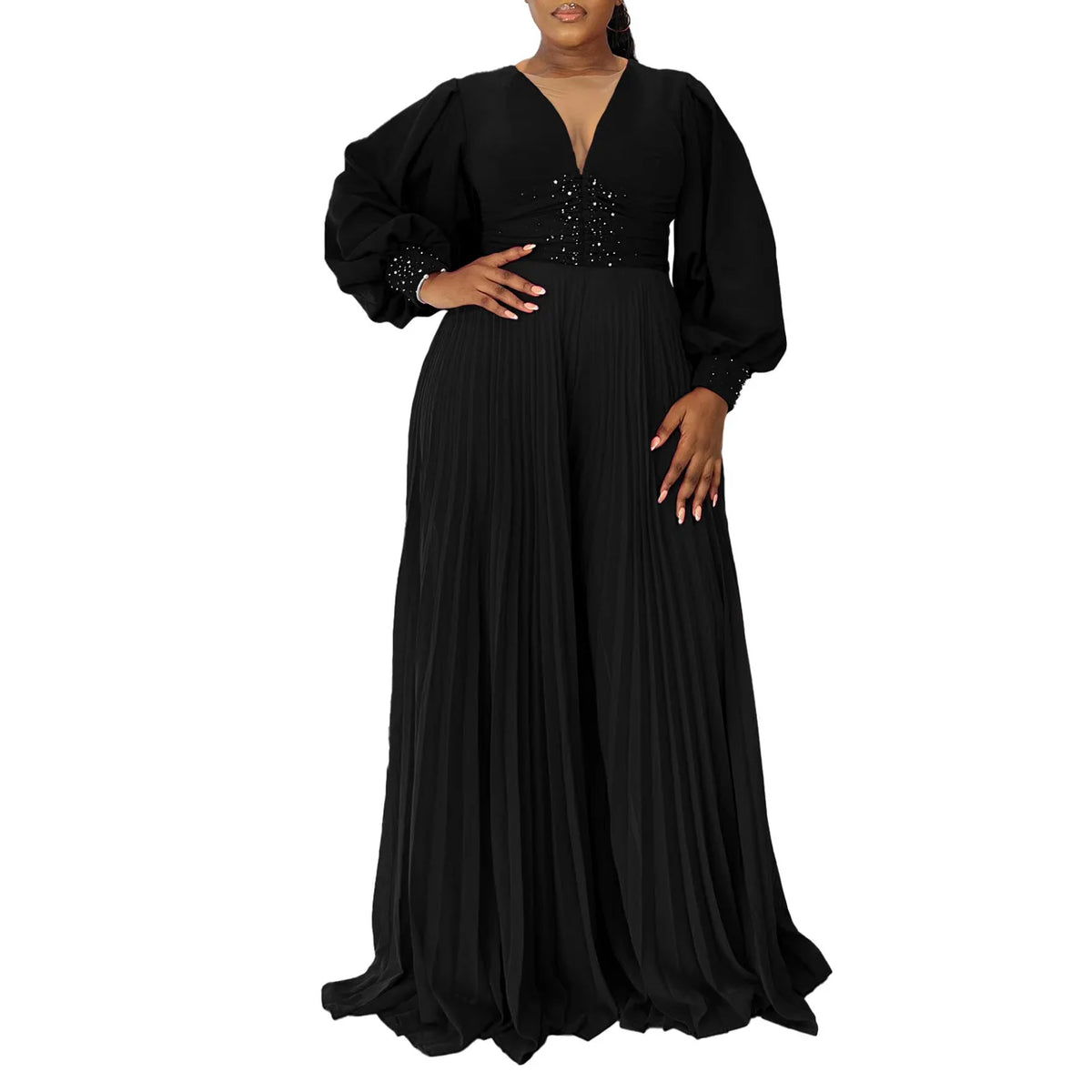 CM.YAYA Women Diamonds Long Sleeve Pleated V-neck Wide Leg Long Jumpsuits Party Beach Fashion Street Sexy Africa Outfit Rompers